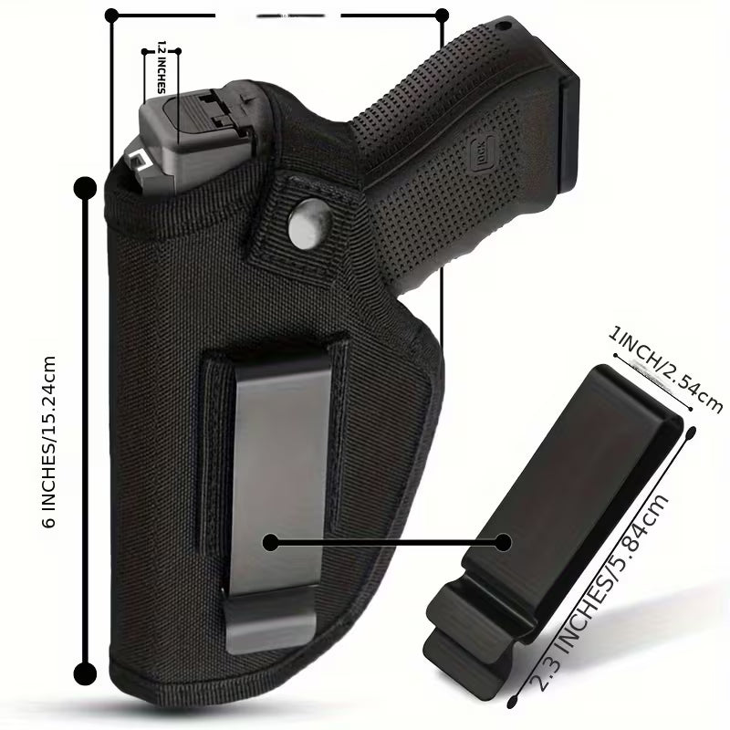 IWB/OWB ambidextrous gun holster with adjustable metal belt clip displayed on white background.