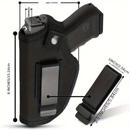 IWB/OWB ambidextrous gun holster with adjustable metal belt clip displayed on white background.