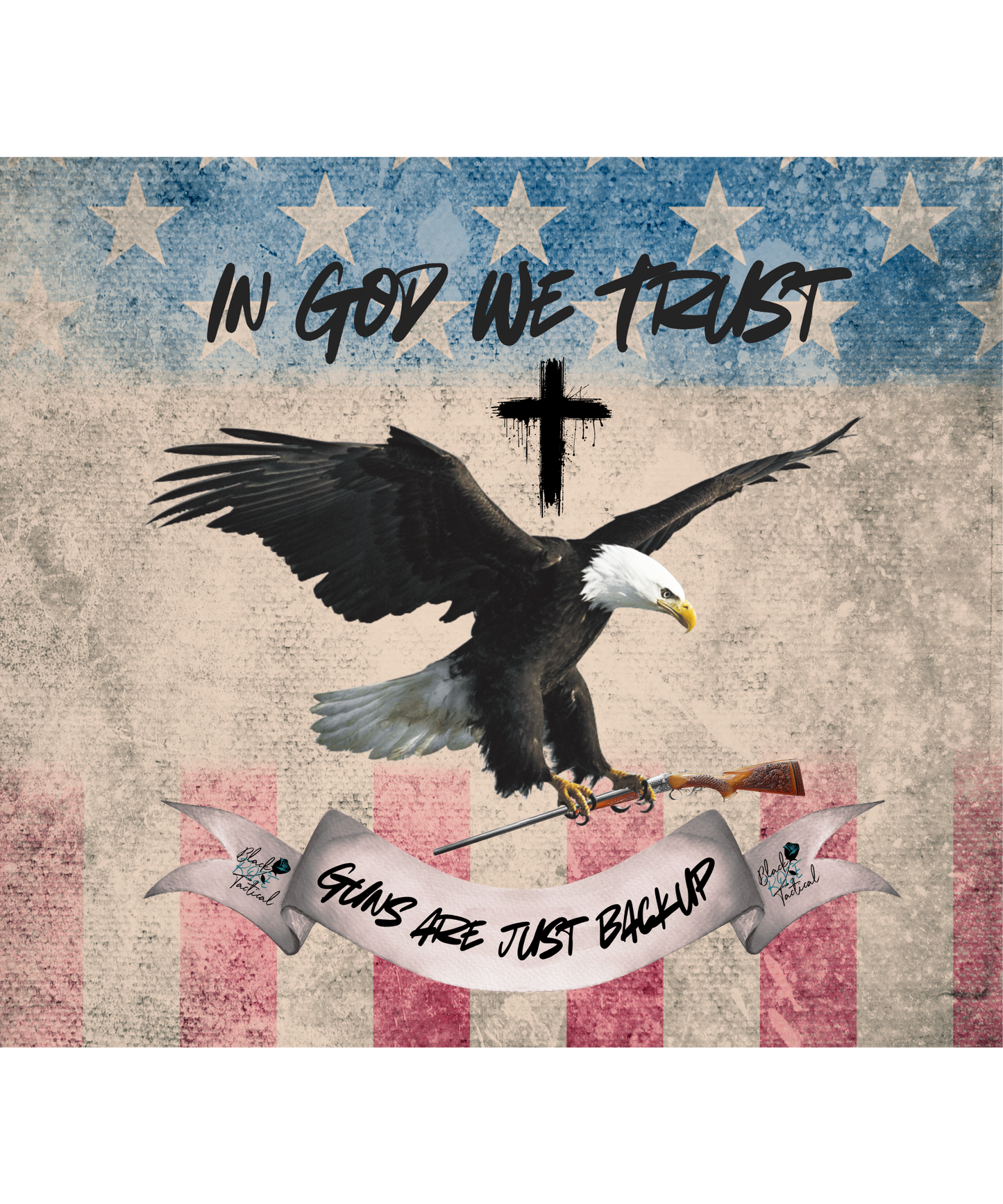 American flag with an eagle, cross, and banner on a textured background