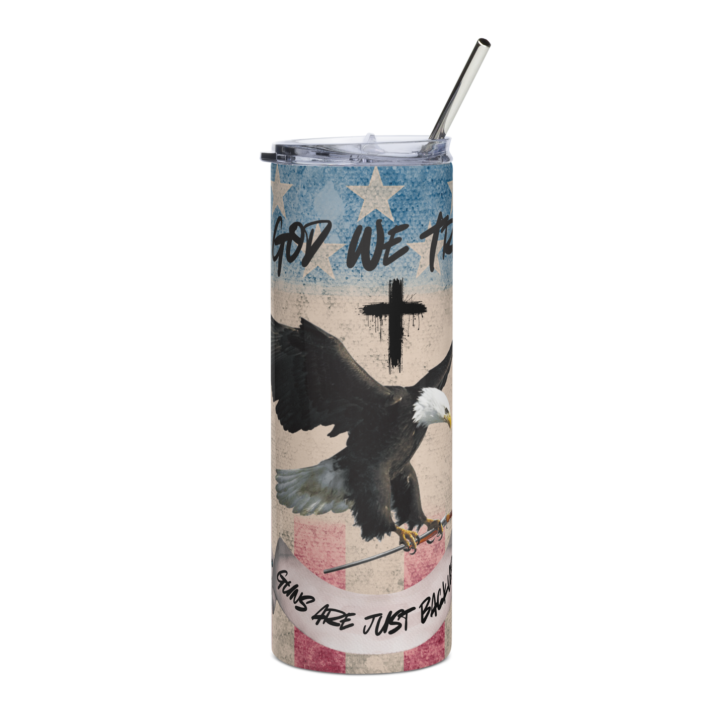 Tumbler with American flag design, eagle, and text on a white background