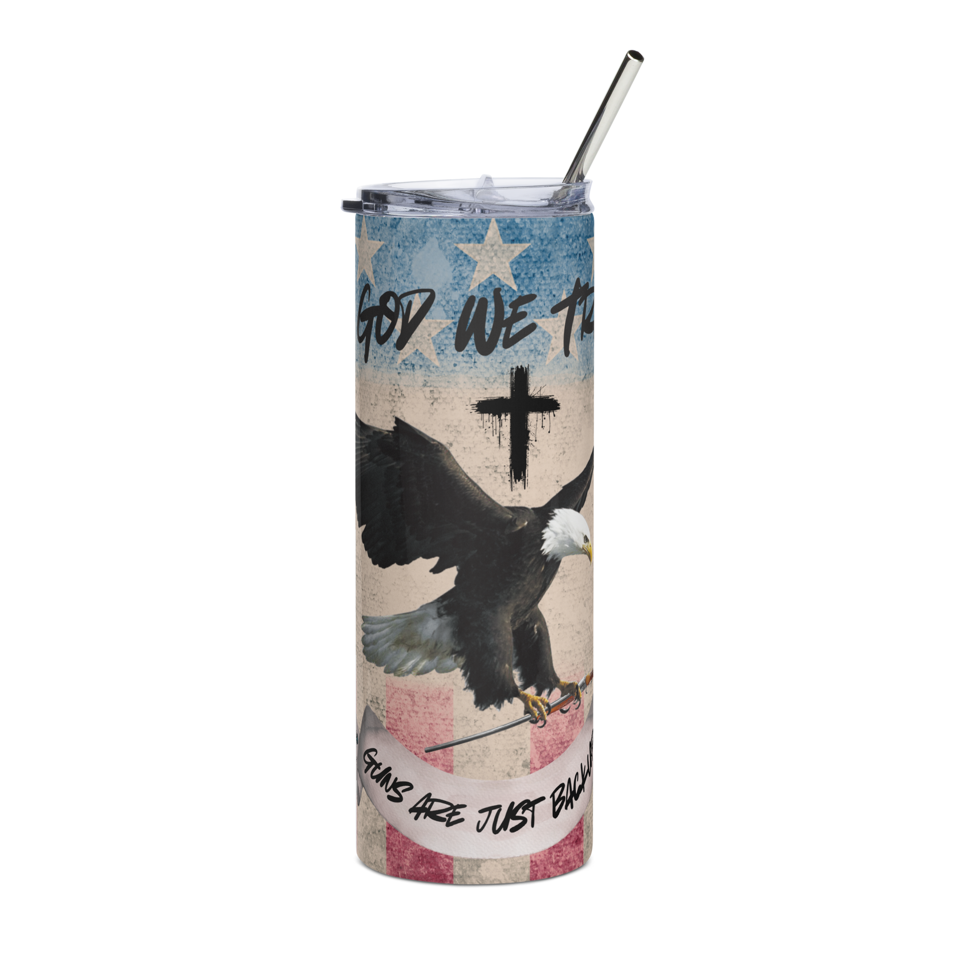 Tumbler with American flag design, eagle, and text on a white background