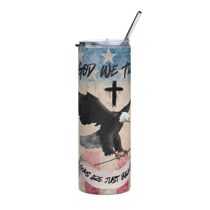 Tumbler with American flag design, eagle, and text on a white background