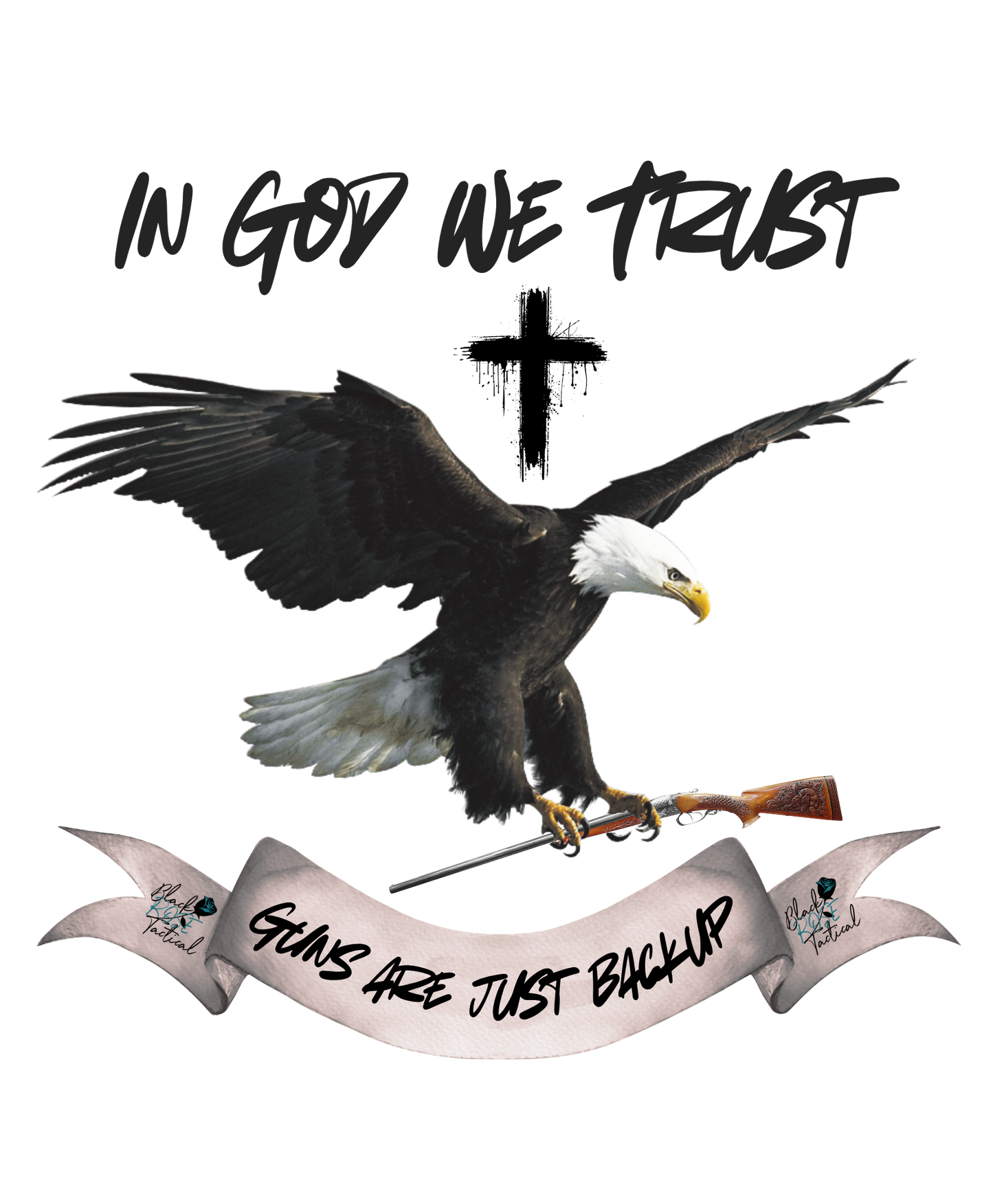 Eagle with a rifle and 'In God We Trust' text on a white background