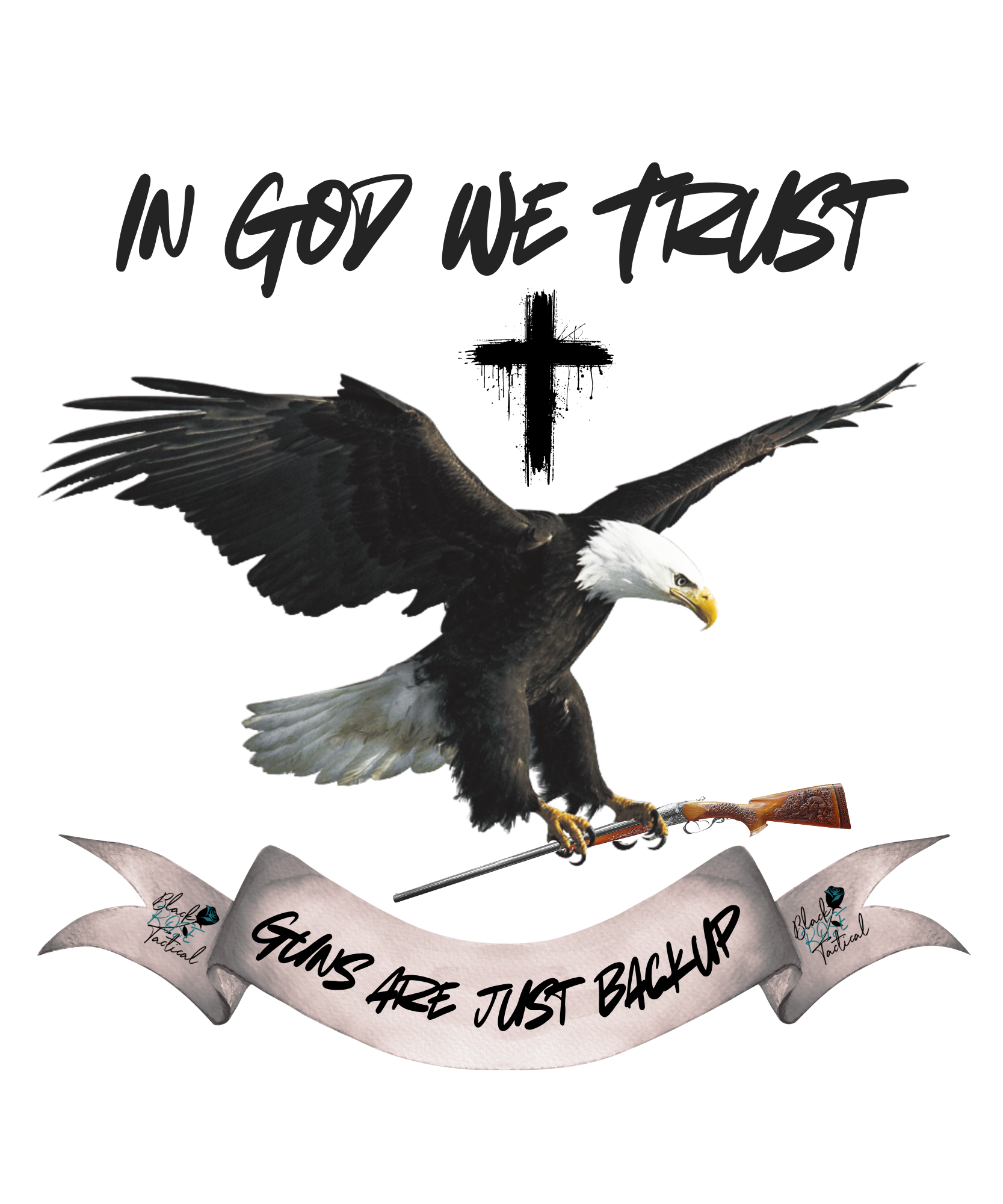 Eagle with a rifle and 'In God We Trust' text on a white background