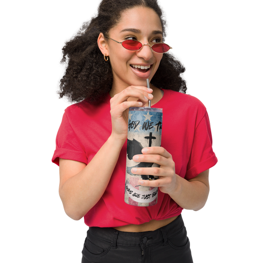 Person wearing a red shirt and sunglasses, holding a cup with a straw on a white background