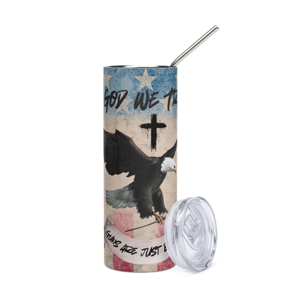 In God We Trust tumbler with patriotic saying and clear lid, includes straw and cleaner