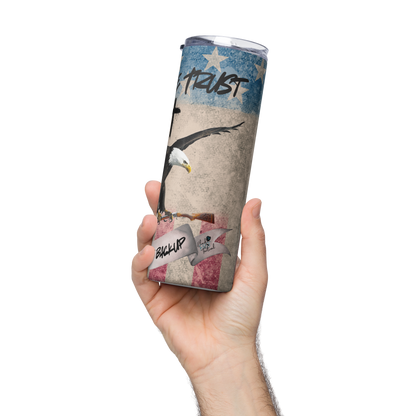 Tumbler with eagle design and text held by a hand on a stars and stripes background