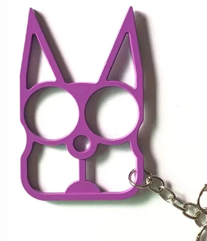 Purple cat-shaped keychain with a chain on a white background