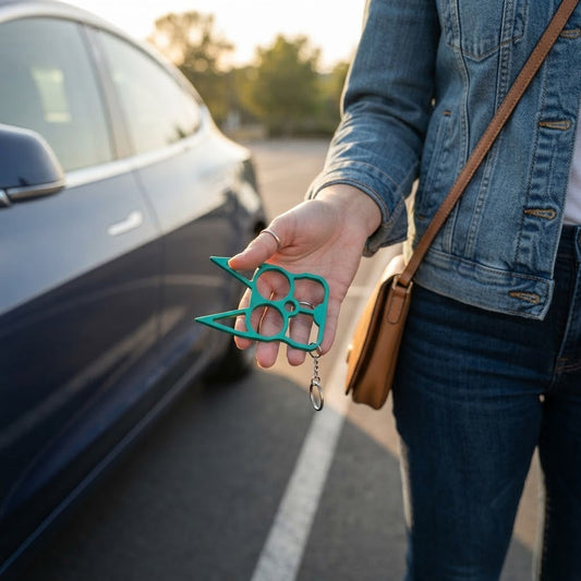 A person in a denim jacket holds a teal self-defense keychain with a multi-tool style center hole in their hand, standing next to a dark car outdoors.