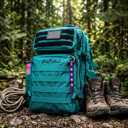 A teal and black backpack with a black American flag patch on the top flap, set on a forest floor with hiking boots and a coiled rope nearby. The backpack features the brand name 'Charlie T.