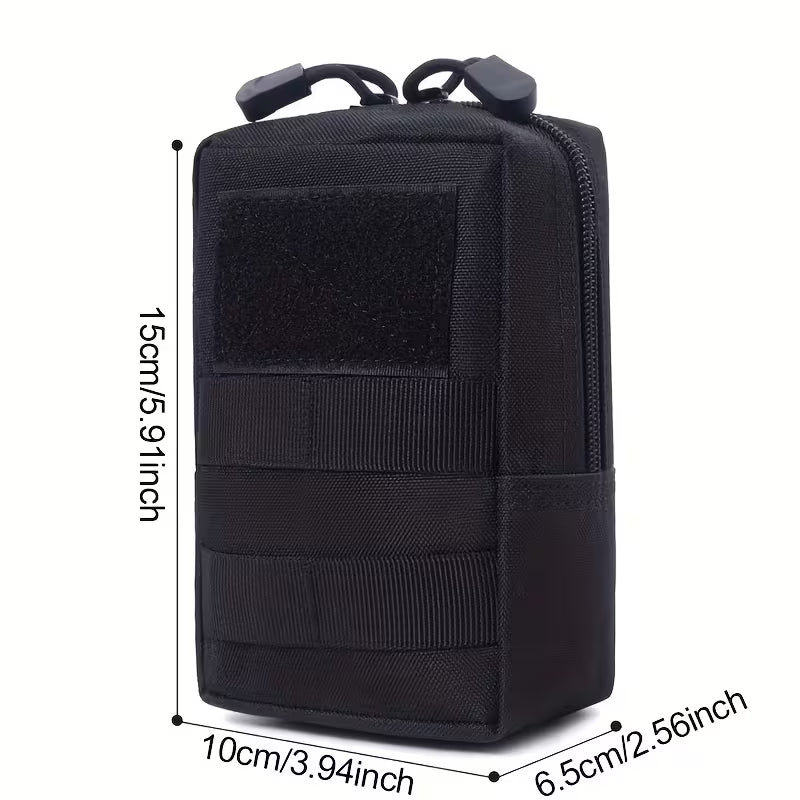 Black tactical pouch with measurements on a white background