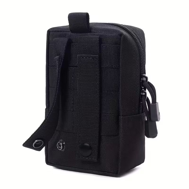 Close-up of black MOLLE attachment straps on utility pouch