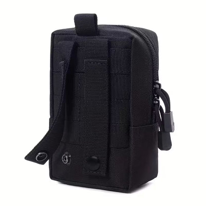 Close-up of black MOLLE attachment straps on utility pouch