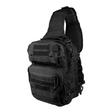 Black Sling Tactical Backpack with MOLLE webbing shown from the front.