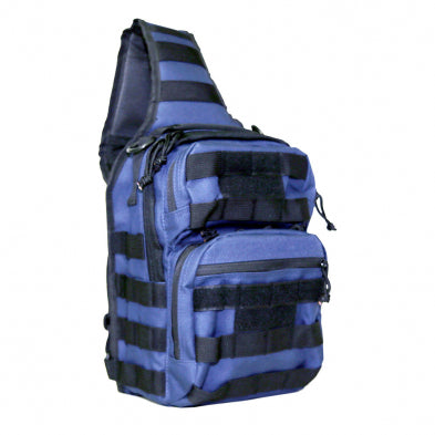 A blue and black striped tactical sling backpack with multiple zippered compartments and MOLLE webbing, shown on a plain white background.