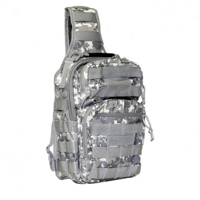 Close-up of MOLLE webbing and hook-and-loop patch panel on tactical utility bag.