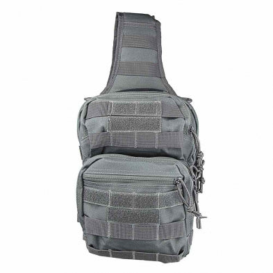Sling utility backpack displaying multiple zippered storage compartments.