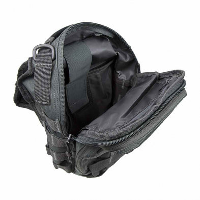 Open main compartment displaying interior organization pockets and hook-and-loop panel.