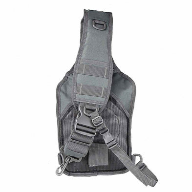 Rear view of sling backpack showing quick-access rear compartment and non-slip back panel
