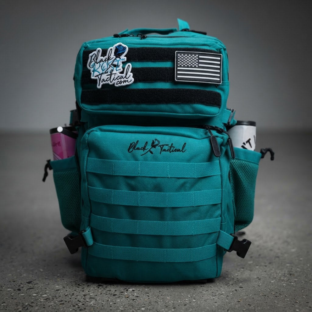 A teal tactical backpack with black webbing and a black American flag patch on the front, featuring the Black Tactical logo on the upper pocket and lower front, with side mesh pockets holding bottles, set against a dark gray studio background.