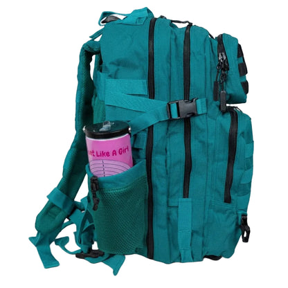 A teal tactical backpack with multiple zippered compartments, webbing straps, and a side mesh pocket holding a pink tumbler cup, shown against a neutral light gray background.