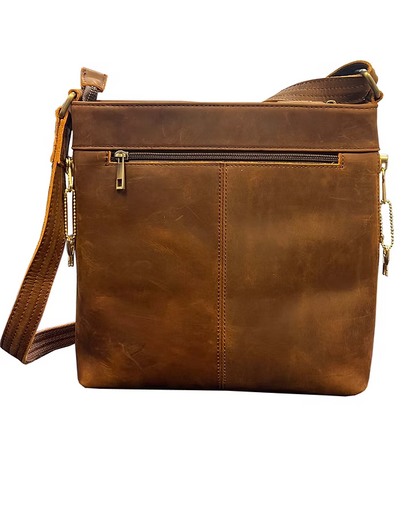 Brown leather crossbody bag on a white background