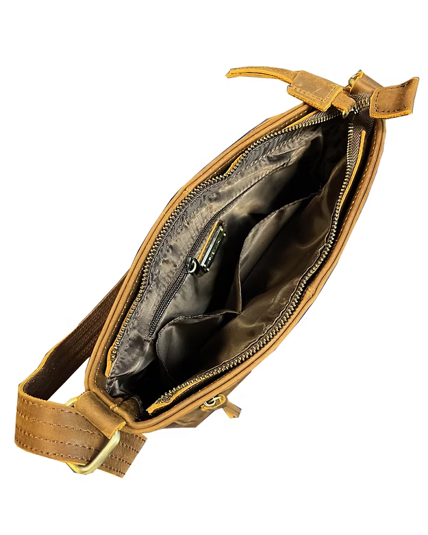 Brown leather crossbody bag with open compartment on a white background