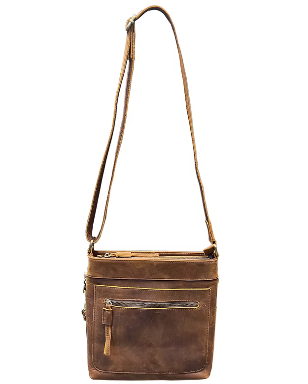 Brown leather crossbody bag with a strap on a white background