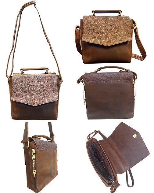 Collection of brown leather bags with intricate designs on a white background