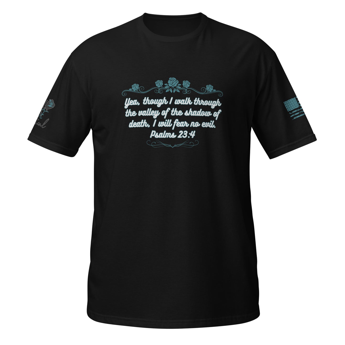 Close-up of Psalms 23:4 Bible verse design printed on black cotton T-shirt