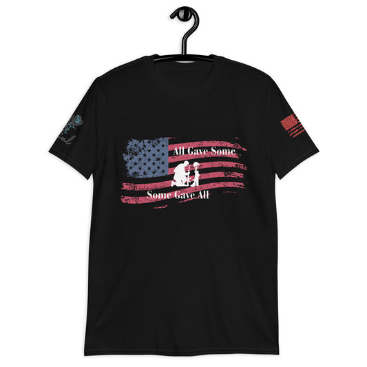 Front view of All Gave Some Some Gave All short sleeve patriotic shirt on plain background black
