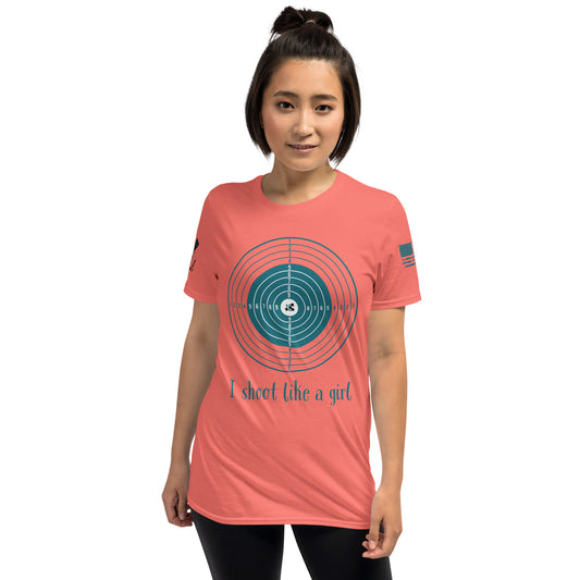 Front view of I Shoot Like a Girl cotton t-shirt with shooting slogan.