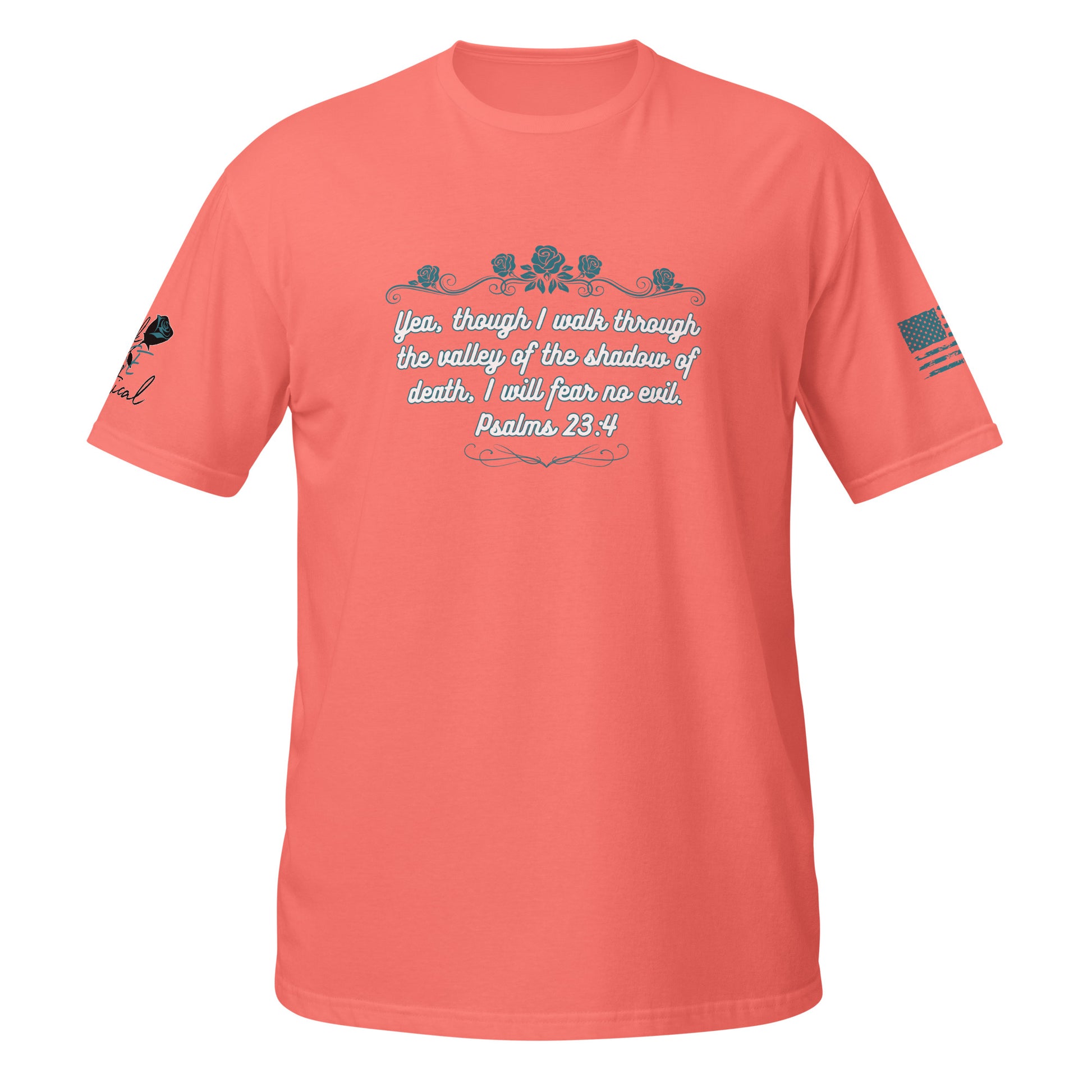 Psalms 23:4 unisex Christian T-shirt displayed flat on white background Coral