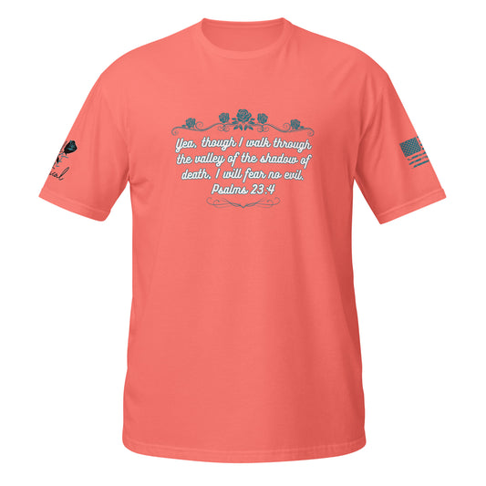 Psalms 23:4 unisex Christian T-shirt displayed flat on white background Coral