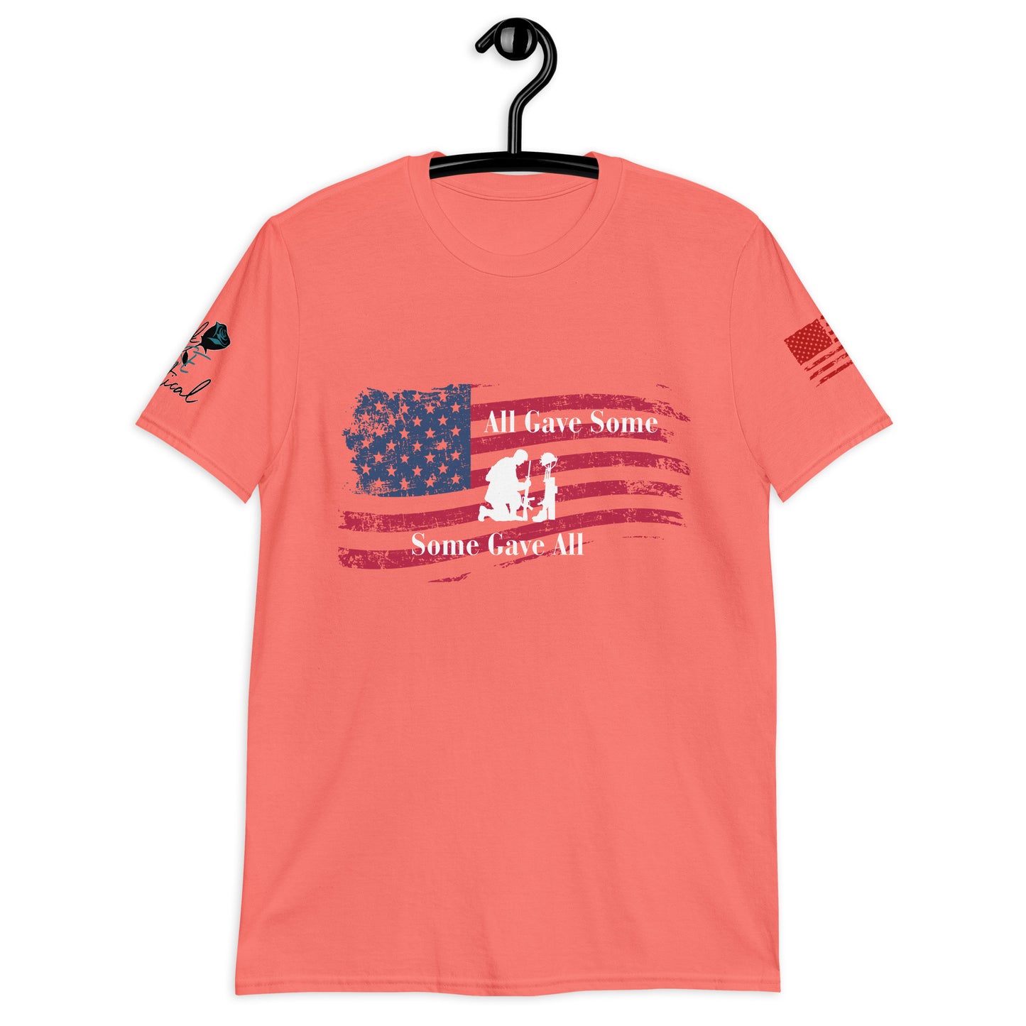 Front view of All Gave Some Some Gave All short sleeve patriotic shirt on plain background peach