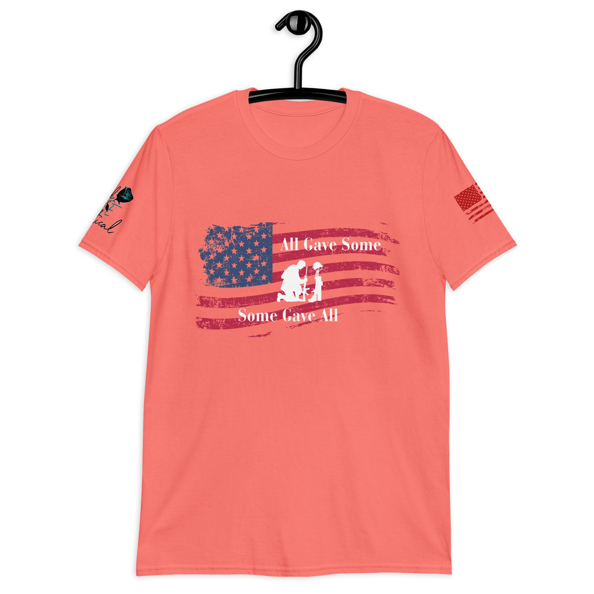 Front view of All Gave Some Some Gave All short sleeve patriotic shirt on plain background peach