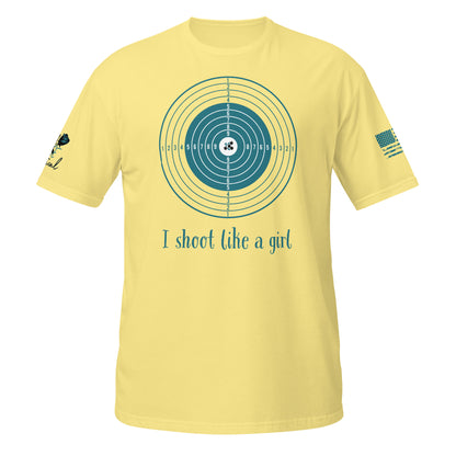I Shoot Like a Girl short sleeve t-shirt flat lay with bold 2A design yellow