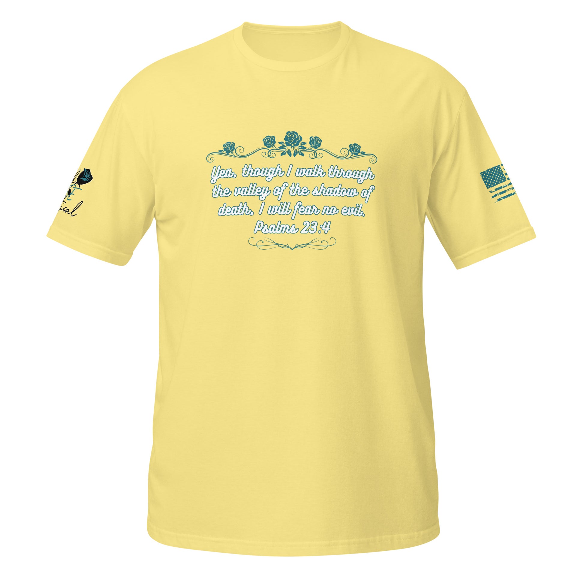 Christian faith T-shirt with Psalms 23:4 verse shown in product detail shot yellow