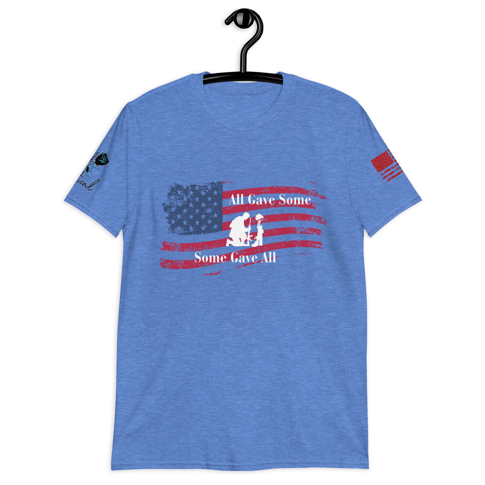 Front view of All Gave Some Some Gave All short sleeve patriotic shirt on plain background Heather blue