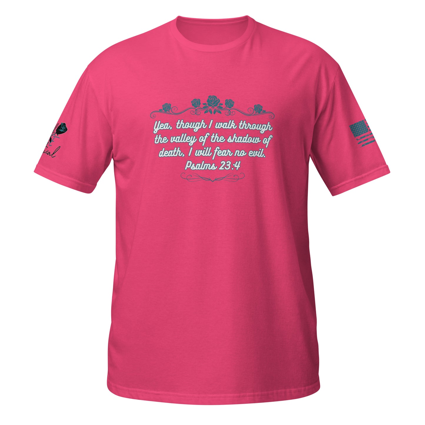 Christian faith T-shirt with Psalms 23:4 verse shown in product detail shot pink