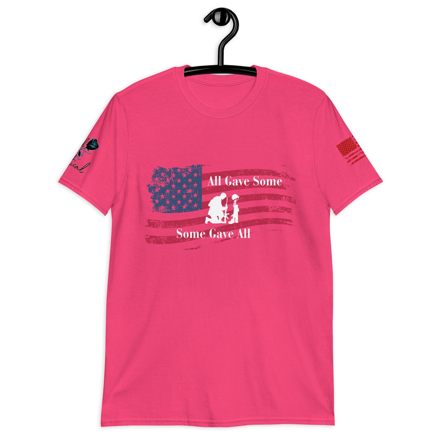 Front view of All Gave Some Some Gave All short sleeve patriotic shirt on plain background pink