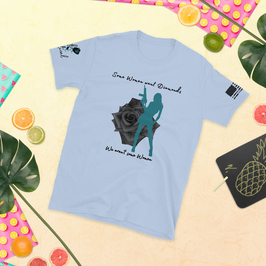 Flat lay of blue We Aren’t Some Women T-shirt with bold black lettering across the chest.
