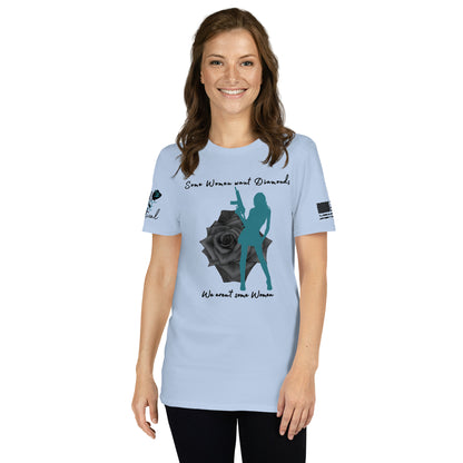 Model wearing We Aren’t Some Women short sleeve shirt with casual pants.