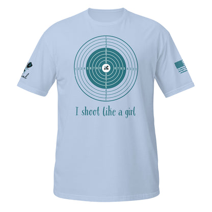 I Shoot Like a Girl short sleeve t-shirt flat lay with bold 2A design light blue