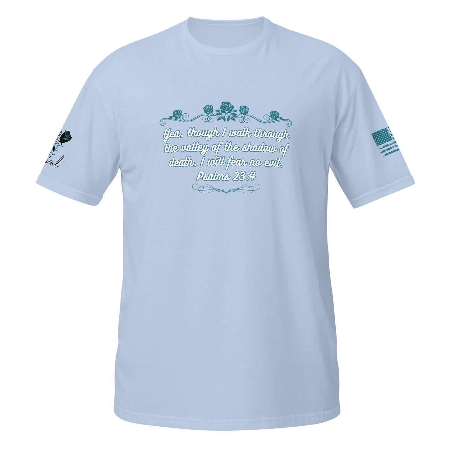 Christian faith T-shirt with Psalms 23:4 verse shown in product detail shot light blue