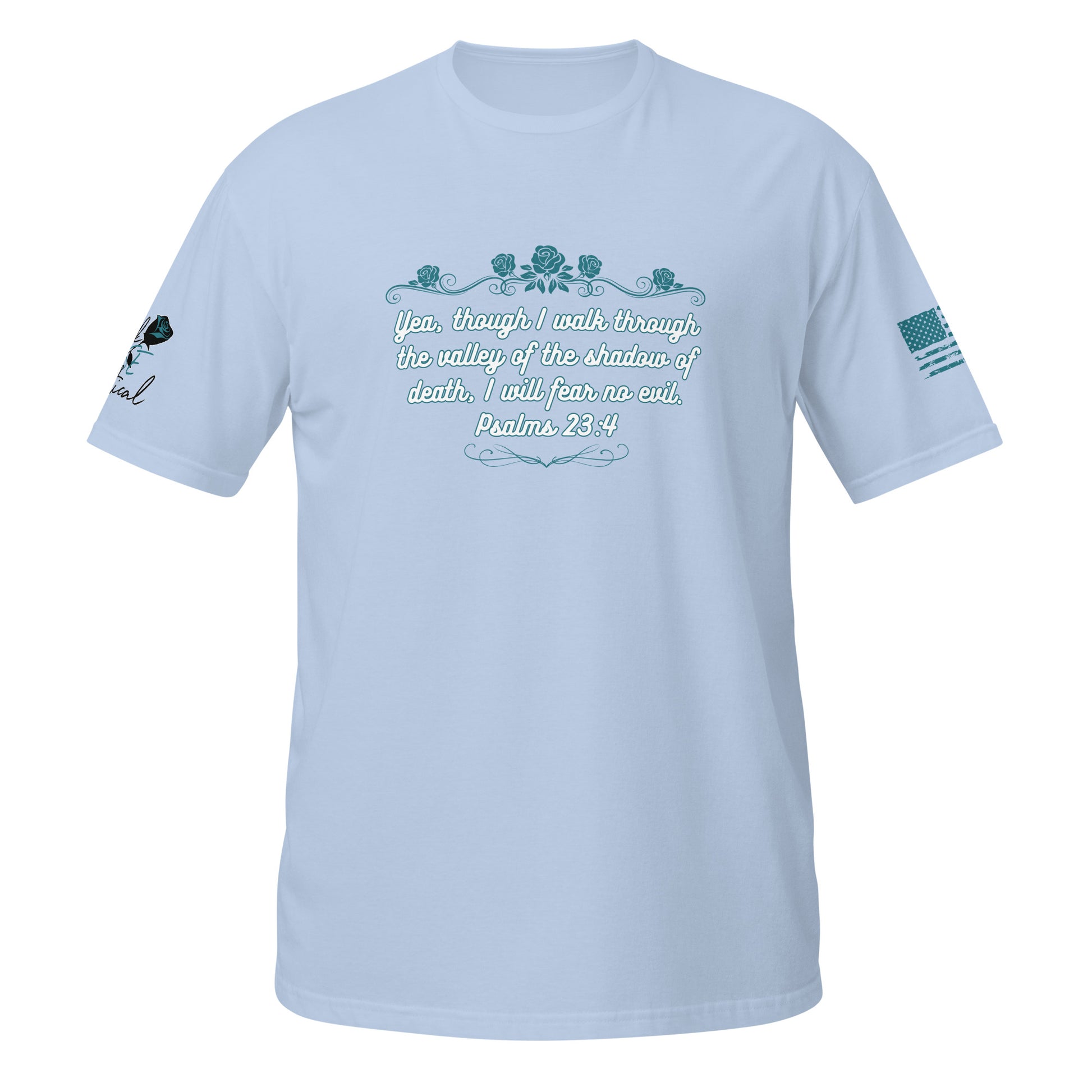 Christian faith T-shirt with Psalms 23:4 verse shown in product detail shot light blue