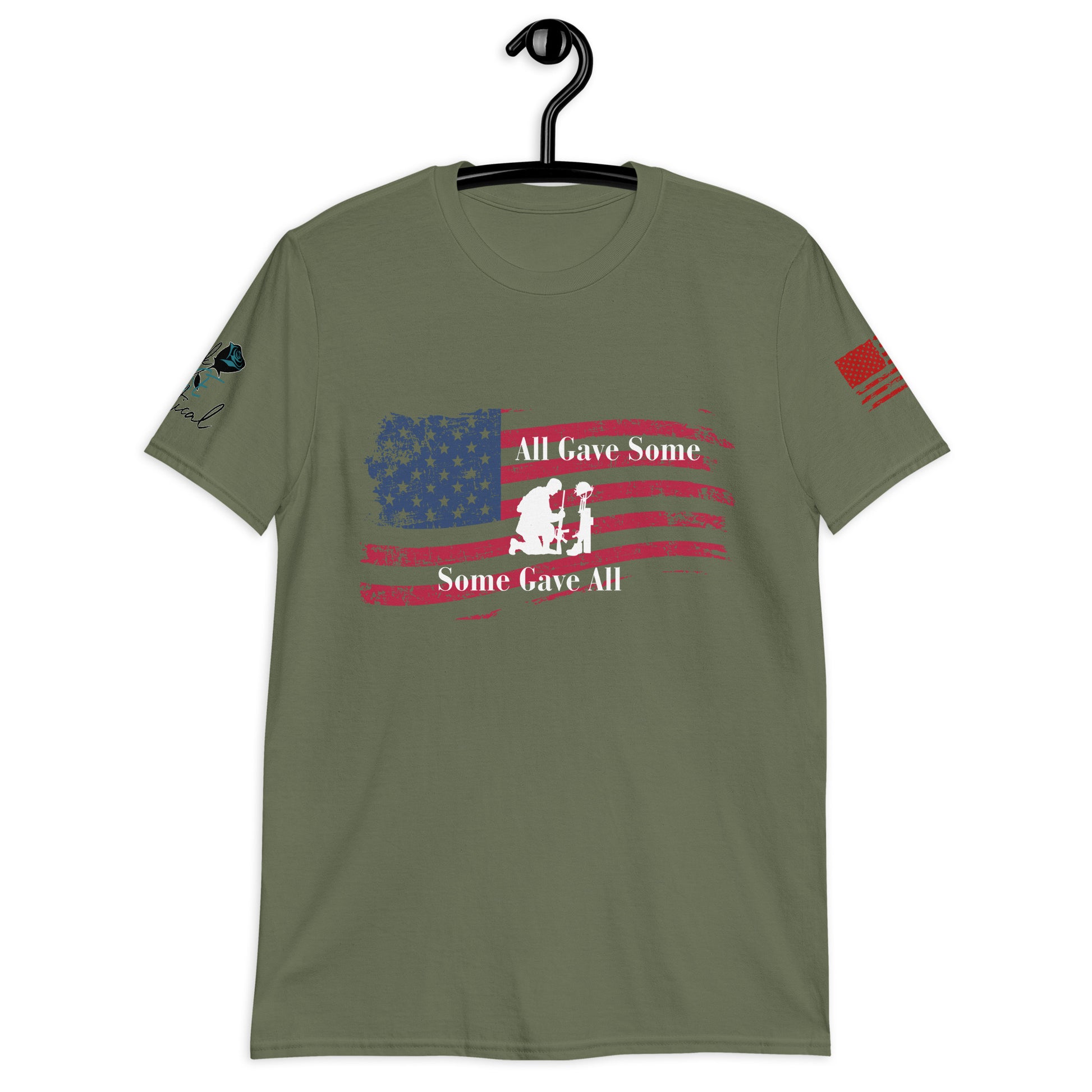 Front view of All Gave Some Some Gave All short sleeve patriotic shirt on plain background green