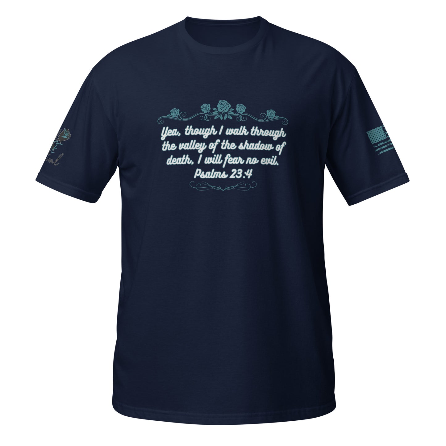Christian faith T-shirt with Psalms 23:4 verse shown in product detail shot Navy
