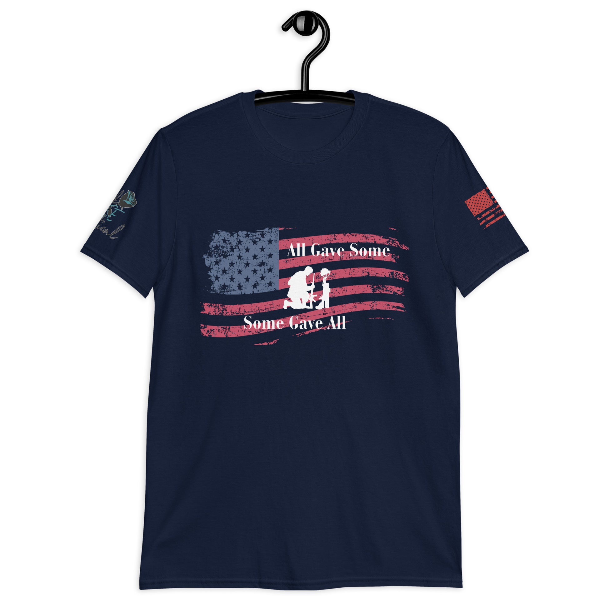 Front view of All Gave Some Some Gave All short sleeve patriotic shirt on plain background navy