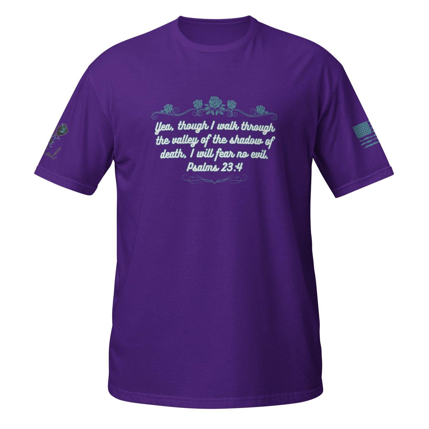 Christian faith T-shirt with Psalms 23:4 verse shown in product detail shot purple